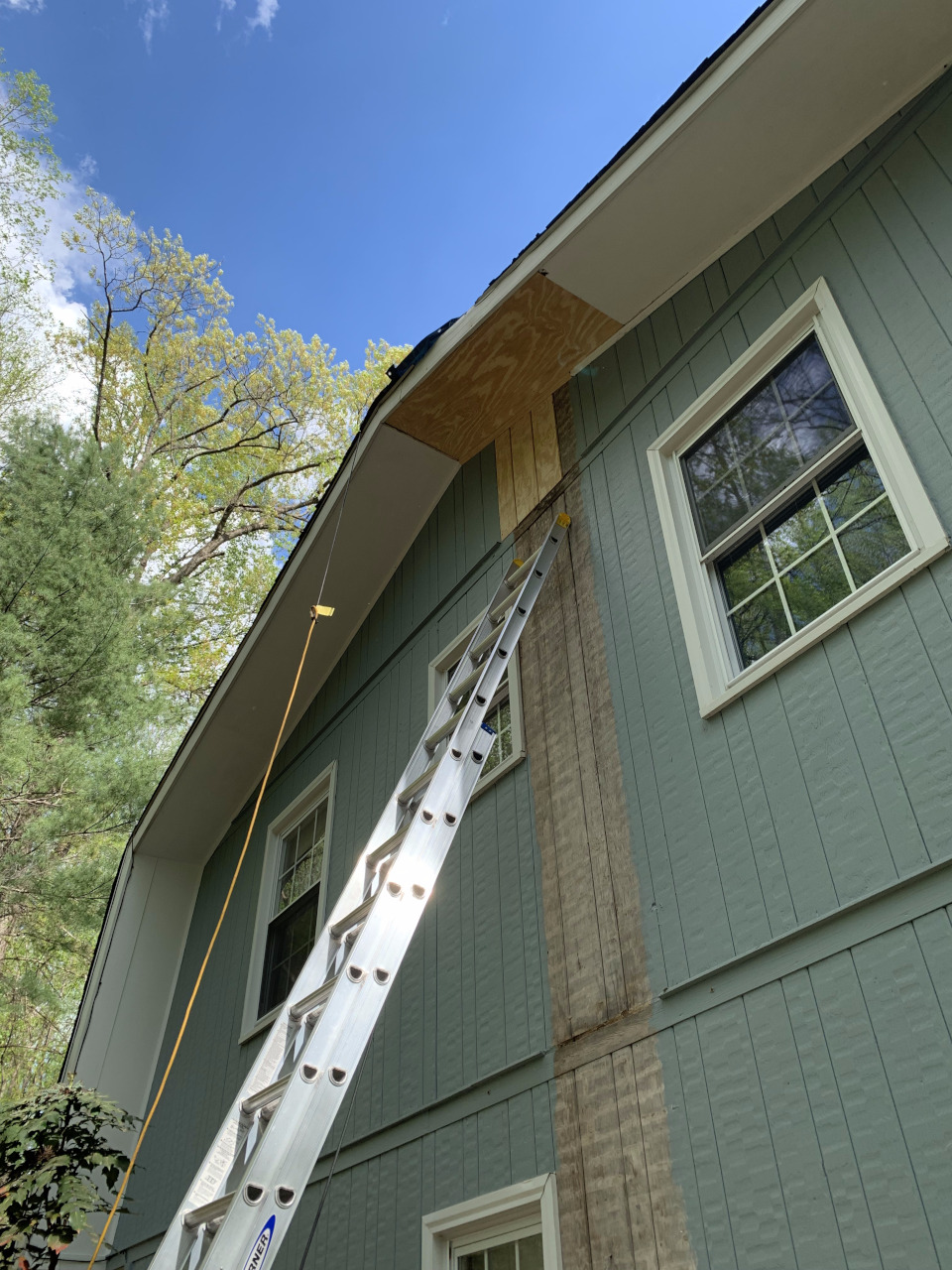New 3/8-inch plywood has been installed to cover the soffit framing.